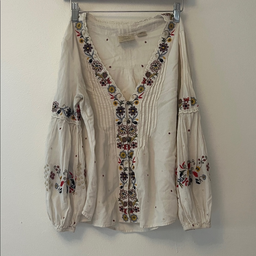 Anthropologie Embroidered Cream Blouse